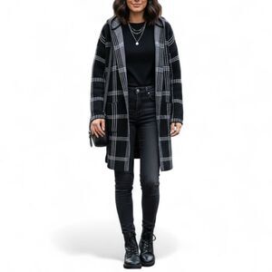 Pink Martini Women's XXS Black Plaid Open-Front Duster Cardigan Hooded NWT